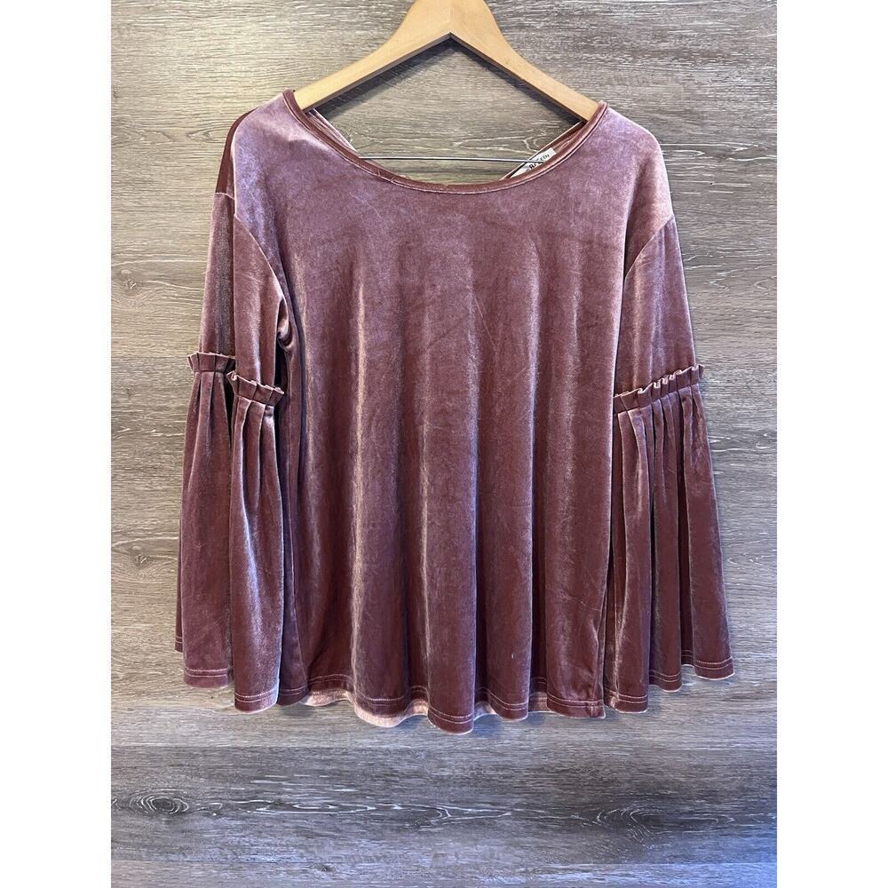 See And Be Seen Pink Shirt Velour Shimmer Flare Sleeves Tie On Back Holidays Sm
